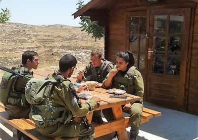 Israeli soldiers enjoying an outdoor snack from our Warm Corner rest station in Otniel